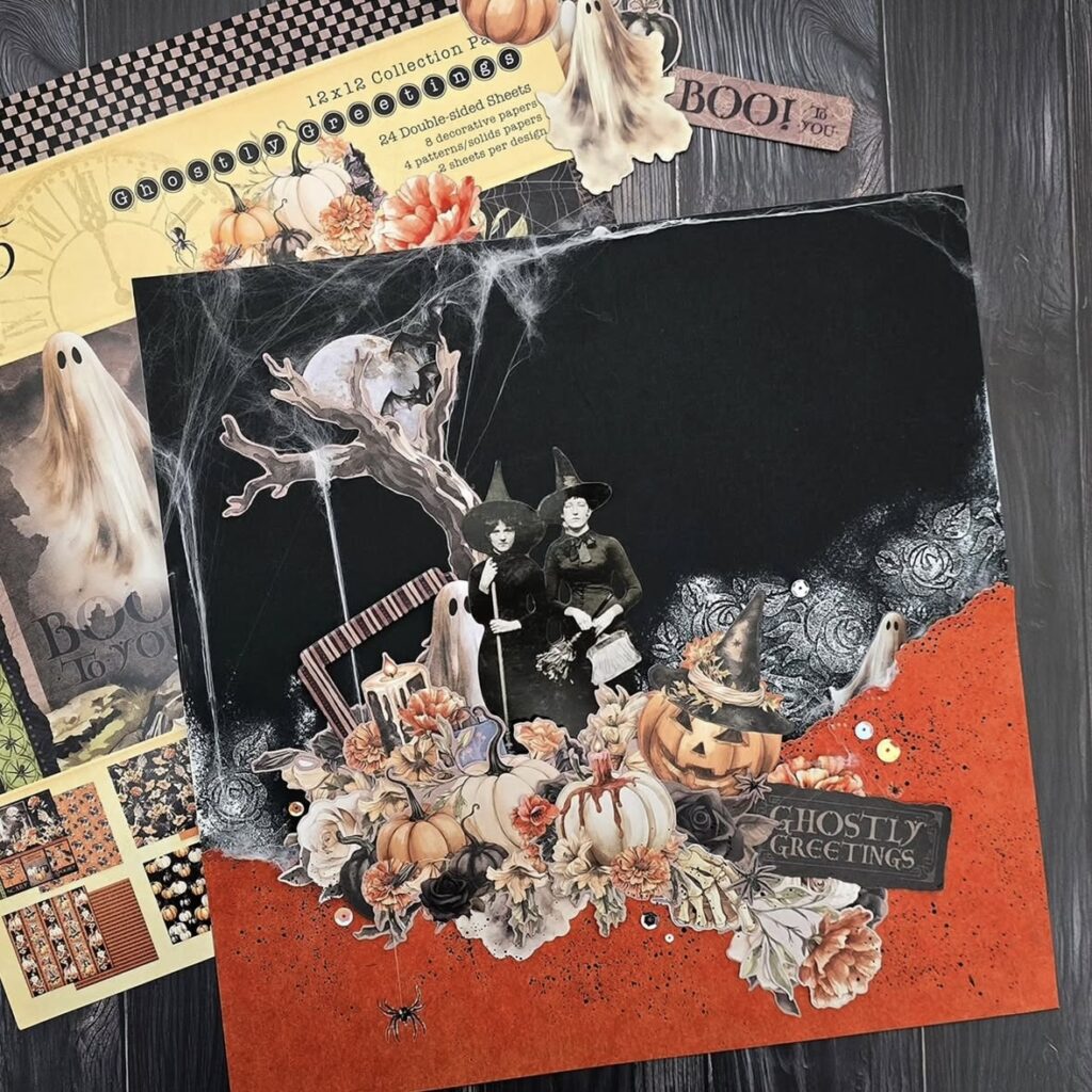 Square Halloween layout in black and orange with witches, pumpkins, and layered labels.