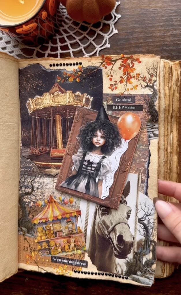 Whimsical carnival-style Halloween scrapbook layout featuring a witch, orange balloon, and carousel accents with layered tags and stars.