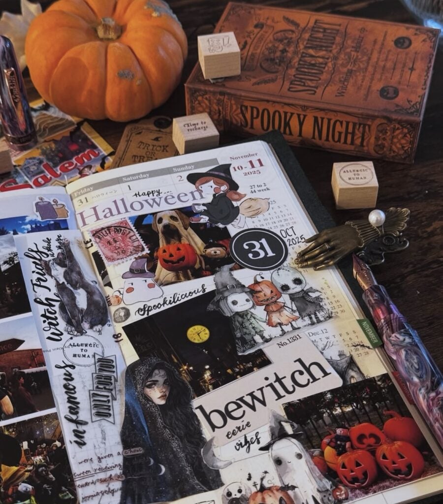 Layered collage layout with ‘Bewitch’ title, pumpkins, ticket stubs, and distressed edges