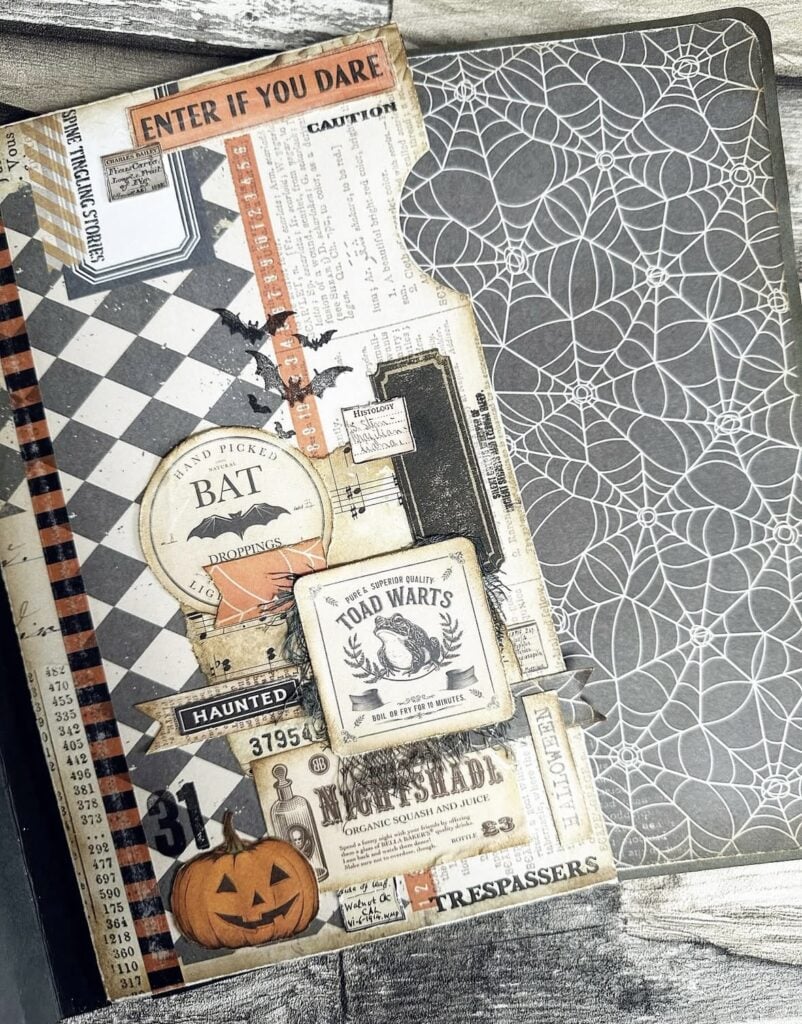 Cute vintage collage scrapbook page with ‘Enter If You Dare’ title, pastel ephemera, and stitched layers for Halloween scrapbook pages.