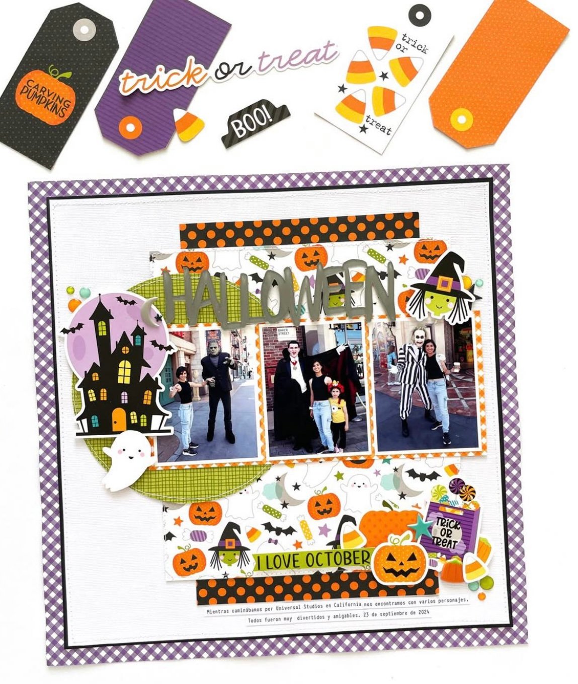 Family photo scrapbook layout with candy corn palette, purple gingham background, and playful Halloween icons.