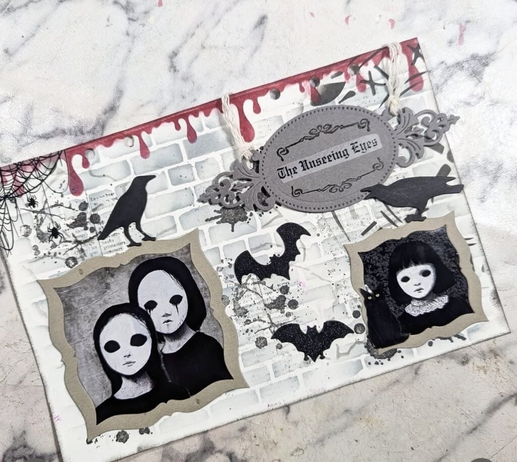 Gothic frames with masked faces, bats, lace textures, and ornate gold accents