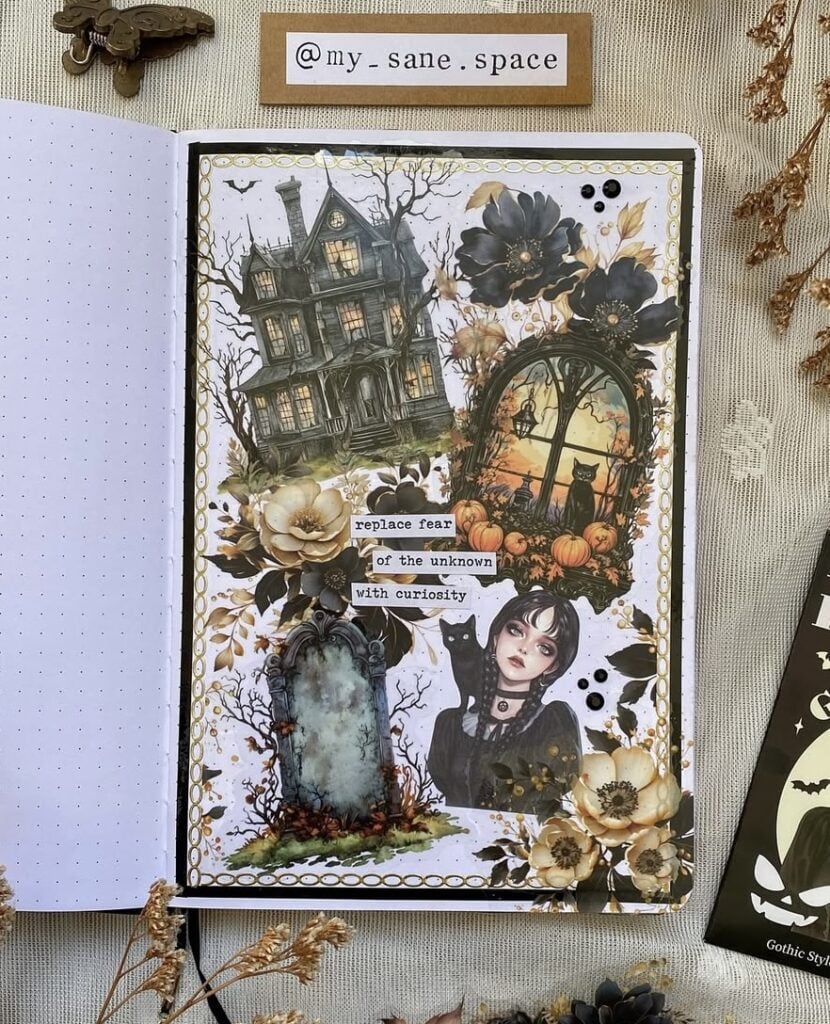Gothic haunted house scrapbook layout with black flowers, gravestone ephemera, and dramatic dark florals
