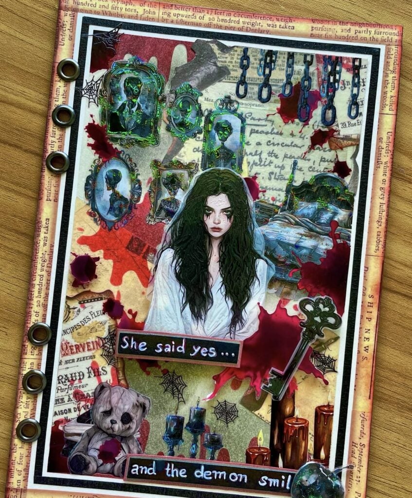 Dark horror page with blood splatters, stitched borders, and grungy title work