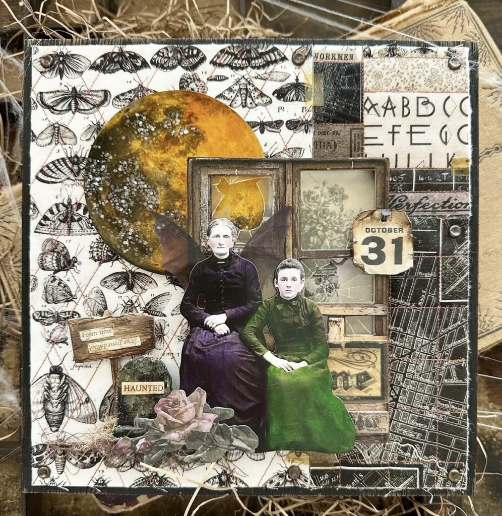 Vintage ancestor portraits with moths, ‘October 31’ title, and distressed Gothic embellishments