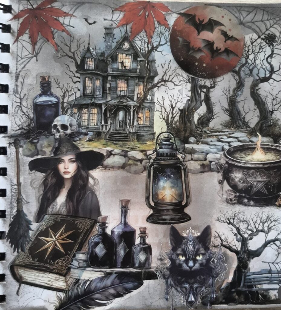 Witchy apothecary scene with alchemy bottles, cauldron, crescent moon, and vintage labels