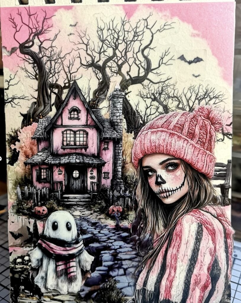 Pink haunted house scrapbook page with ghost girl illustration, pastel pumpkins, and glitter stars