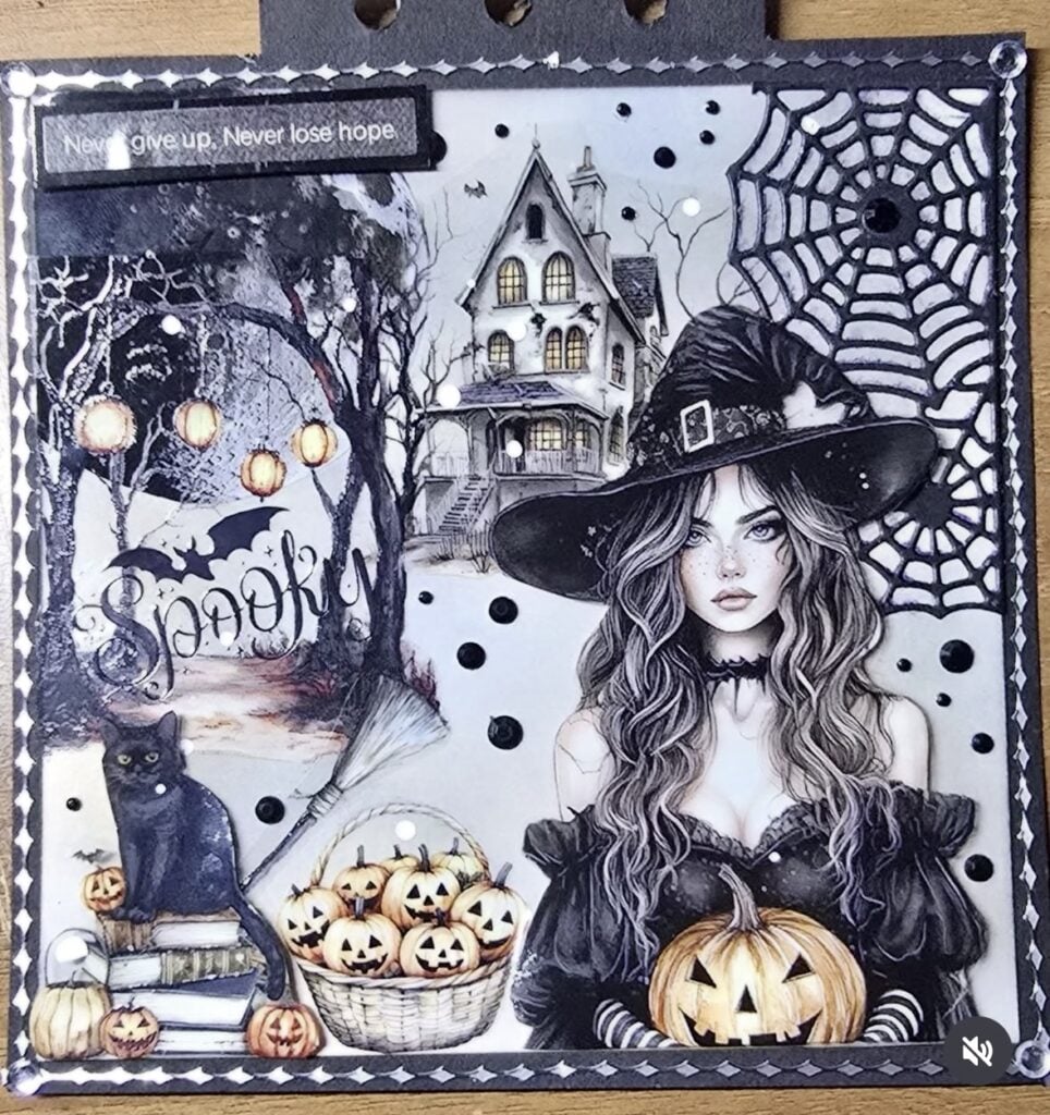Pretty witch layout with black cat, pumpkin basket, florals, and soft watercolor accents.