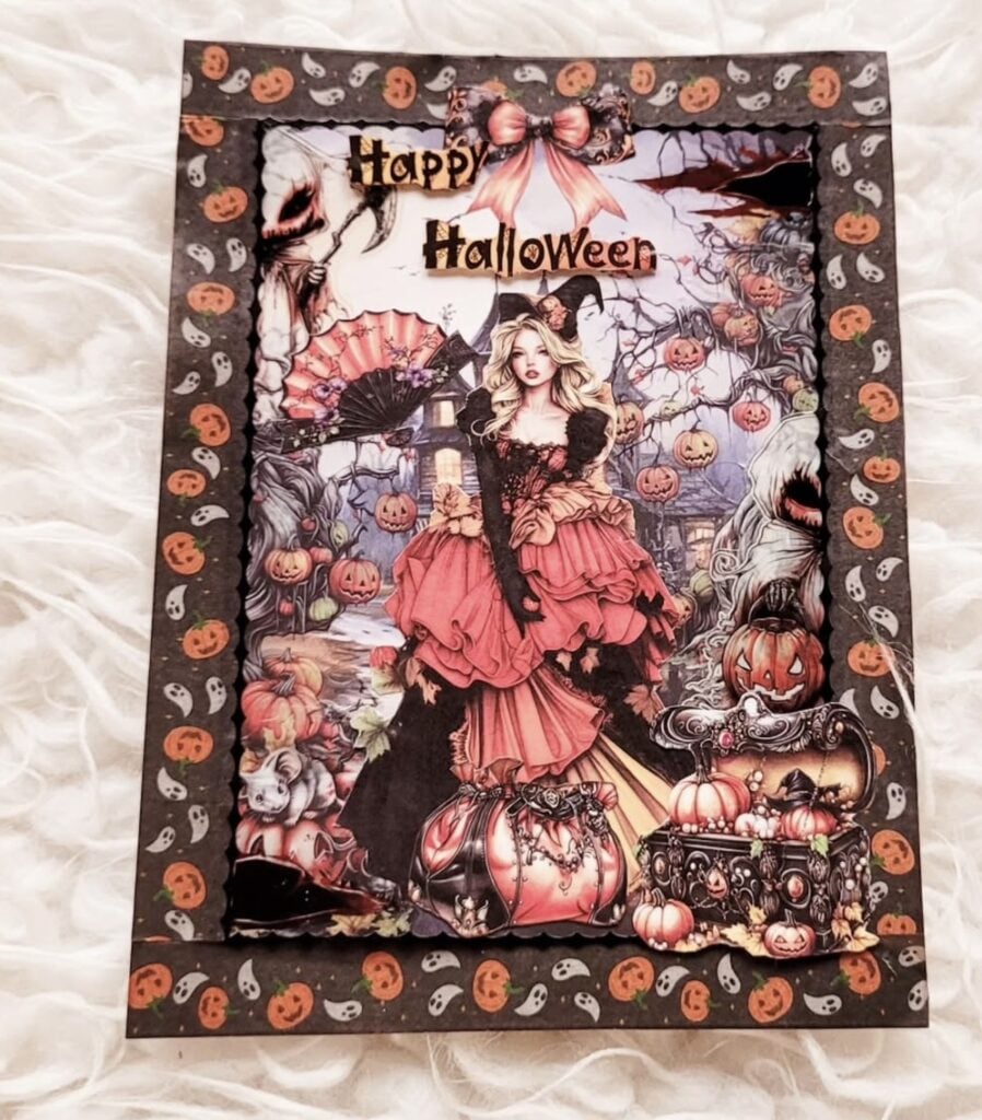 Victorian witch themed scrapbook layout with ‘Happy Halloween’ card, lace, florals, and ornate frames.