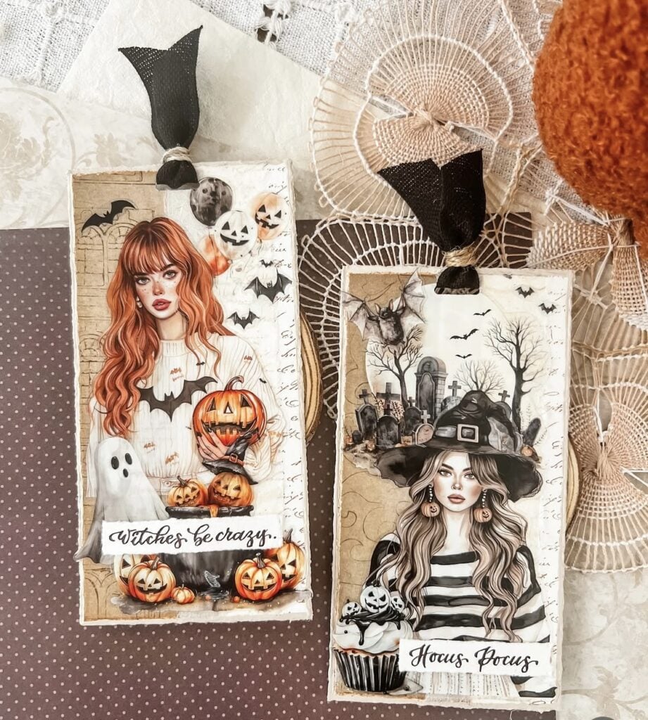 Set of Halloween scrapbook tags with witch illustrations, pumpkins, ghosts, and bats in a layered vintage collage styl