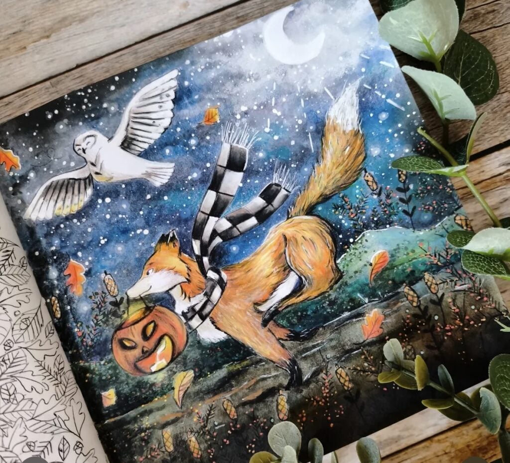 Whimsical woodland creatures trick-or-treating scrapbook layout with mushrooms, leaves, and soft neutrals