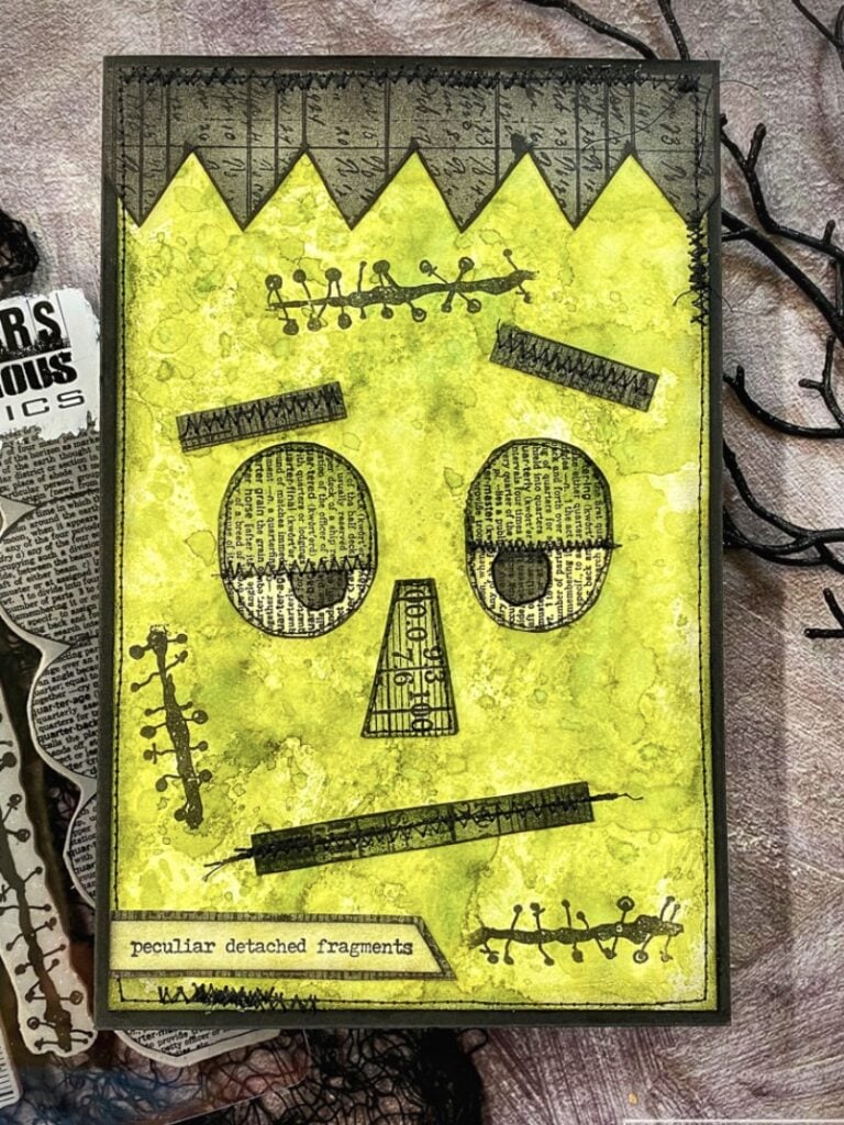 Cute green monster Halloween scrapbook page with playful stickers and bright pattern mix.