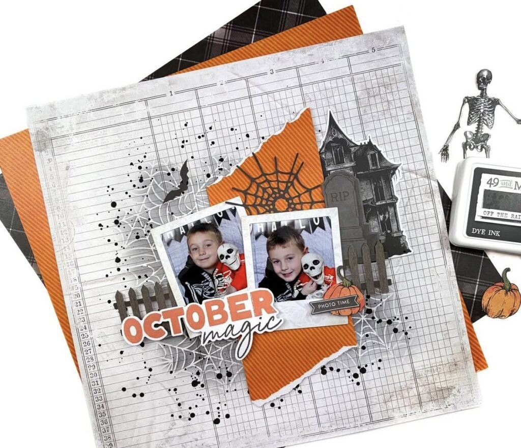 Family photo Halloween layout titled ‘October Magic’ with orange and black spiderwebs, haunted house die cuts, and bold titles.