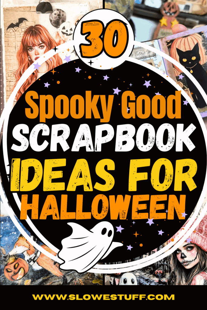 Pinterest graphic of a circle with scrapbook collage images around it saying spooky good scrapbook ideas for halloween with a ghost