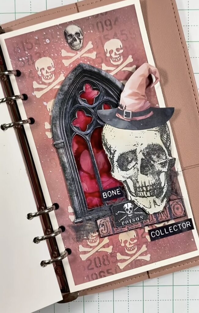 Skeleton ‘bone collector’ junk journal page with specimen labels and ledger paper.