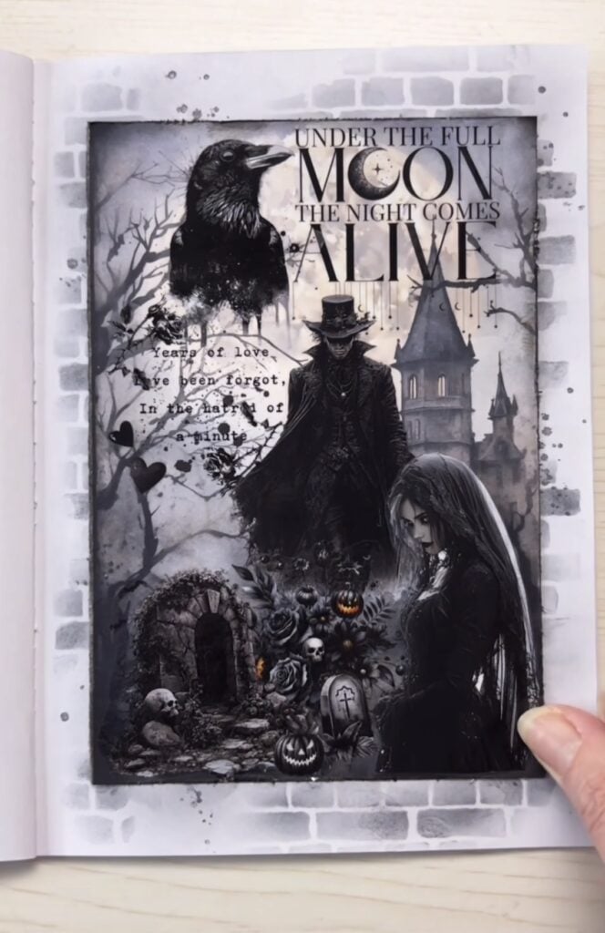 Spooky mixed-media page with distressed textures, eerie portrait, and black lace details