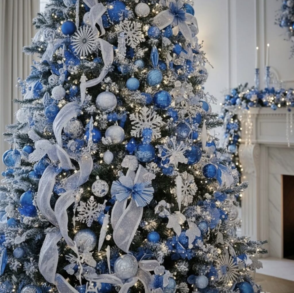 Blue-and-white winter wonderland snowflake tree with icy ribbon and frosted ornaments near a decorated mantel.