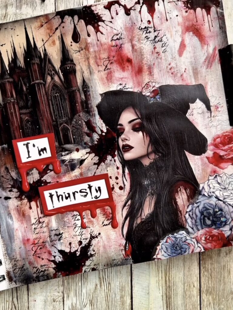 Vampire-themed Gothic page with red roses, pearls, and vintage frame accents.