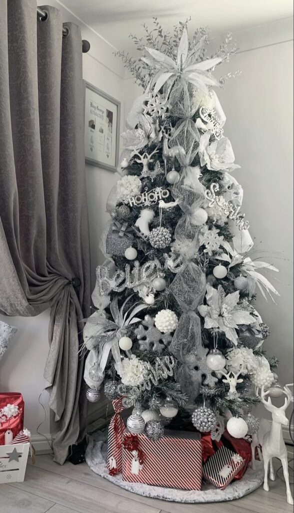 winter wonderland christmas tree flocked with white and silver ornaments with red gifts wrapped underneath