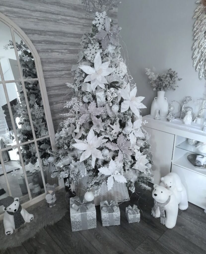Icy blue and silver winter wonderland tree with ribbon cascades, white doves, poinsettias, and snowflakes.