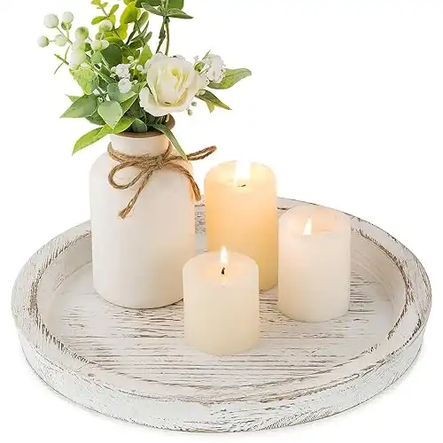 Hanobe Candle Plate Holder Tray: Round Wooden Decorative Candle Plate Small Farmhouse Table Centerpiece Rustic White Wood Tealight Pillar Trays for Home Decor