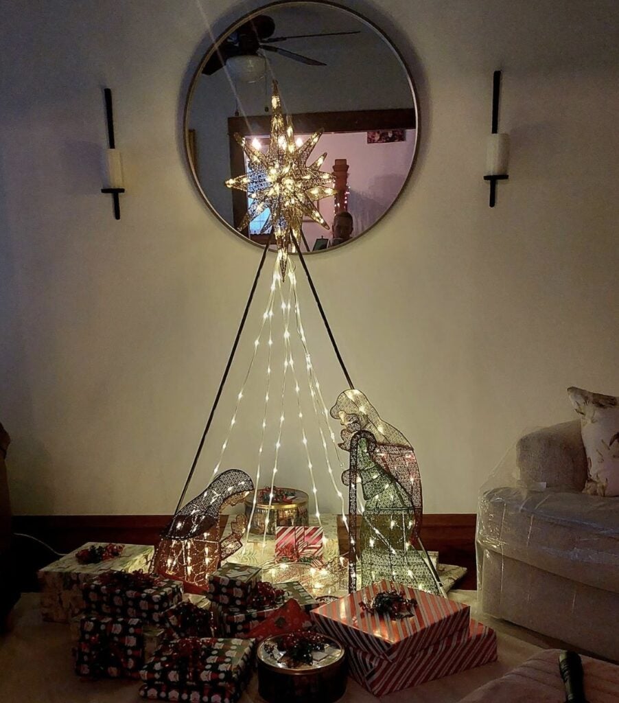 Unique Christmas tree alternative decorated with lights and ornaments for holiday inspiration