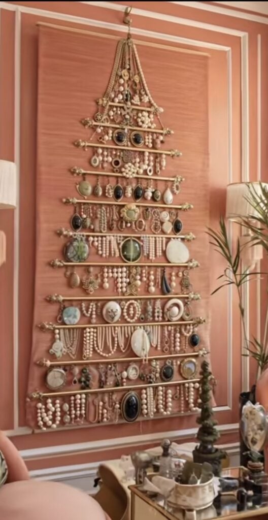 Alternative Christmas tree with festive decorations arranged in a creative tree shape for holiday inspiration