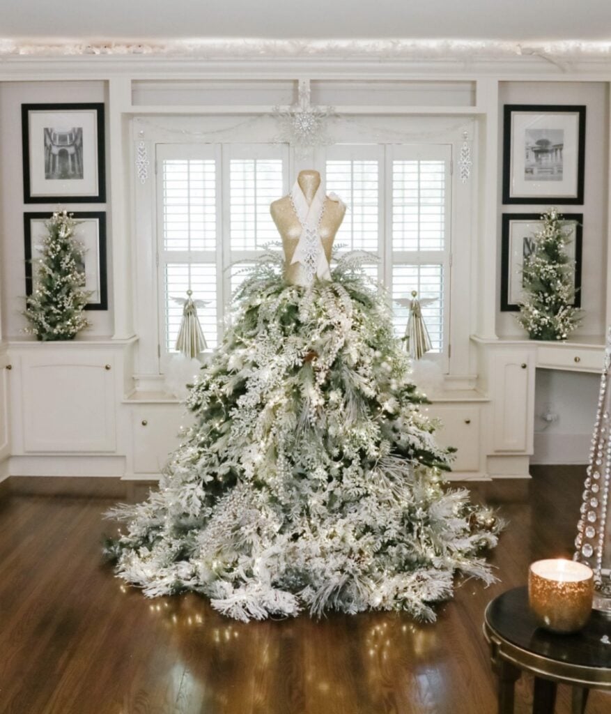 Christmas tree alternative styled like a dress with lights and ornaments for a festive non-traditional holiday display