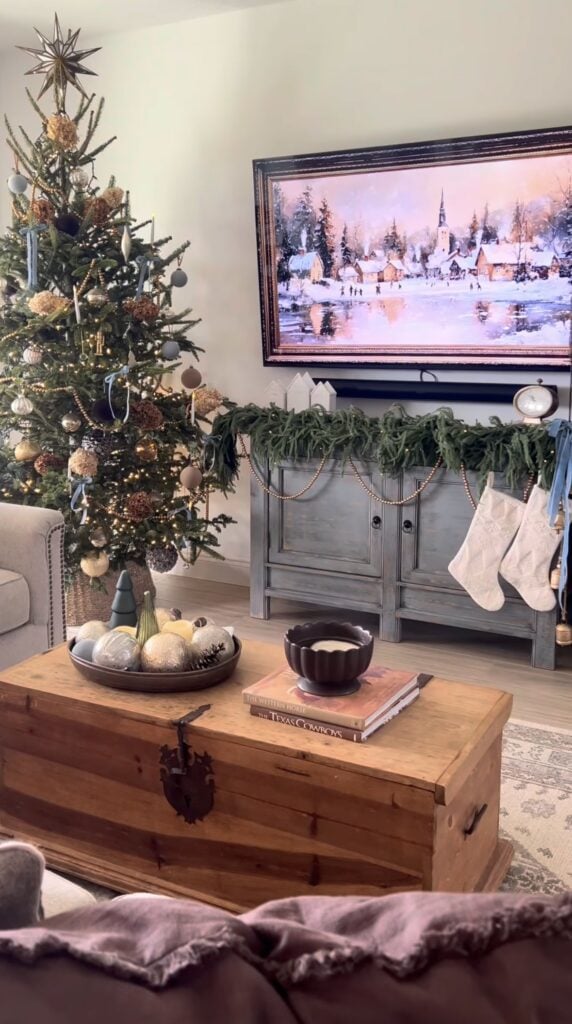 Simple brown Christmas tree decor with warm neutral ornaments, soft lights, and cozy natural styling