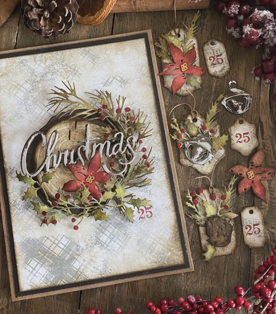 Christmas junk journal page with layered holiday paper and festive mixed media details