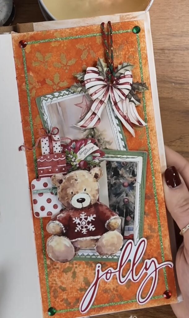 Christmas scrapbook page inspiration with layered papers, tags and holiday ephemera