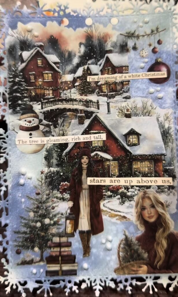 Christmas junk journal page with layered paper, collage and seasonal details