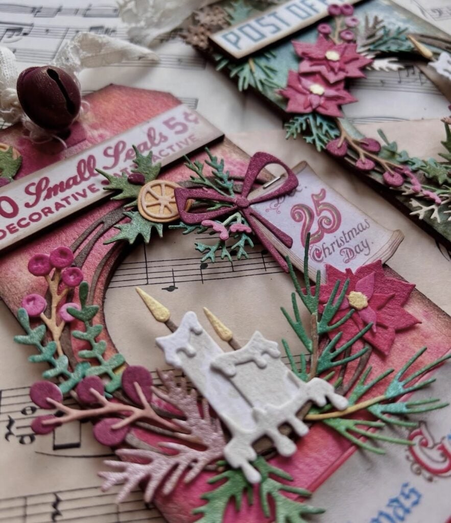 Christmas scrapbook page with festive paper layers and holiday embellishments