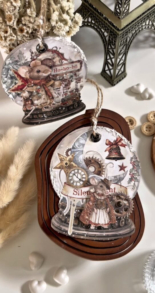 Christmas scrapbook page idea with layered paper, tags and holiday details