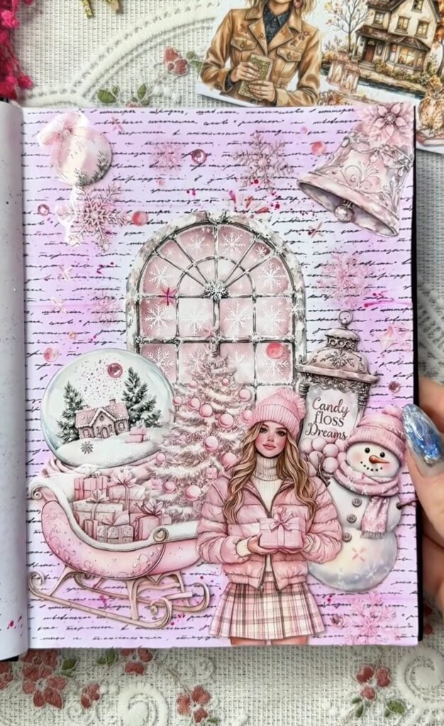 Pink Christmas scrapbook page with layered pastel holiday paper and embellishments