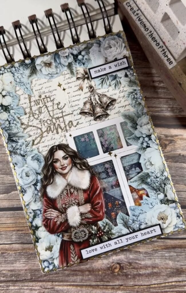 Christmas scrapbook page with layered festive papers and dimensional holiday details