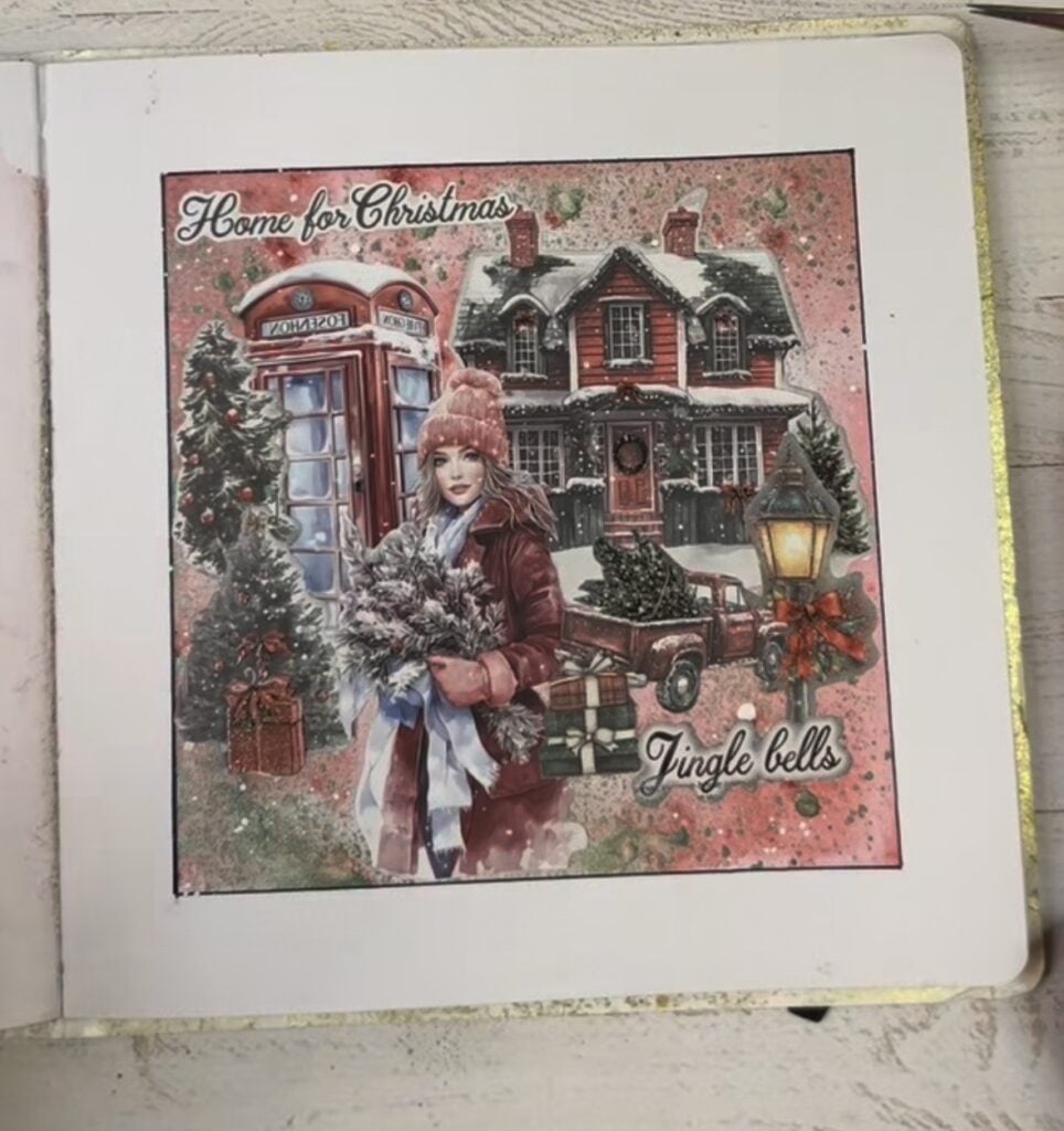 Christmas scrapbook page with layered holiday paper, ephemera and decorative details