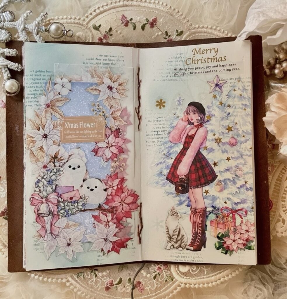 Christmas collage page with layered scrapbook paper and festive mixed media details