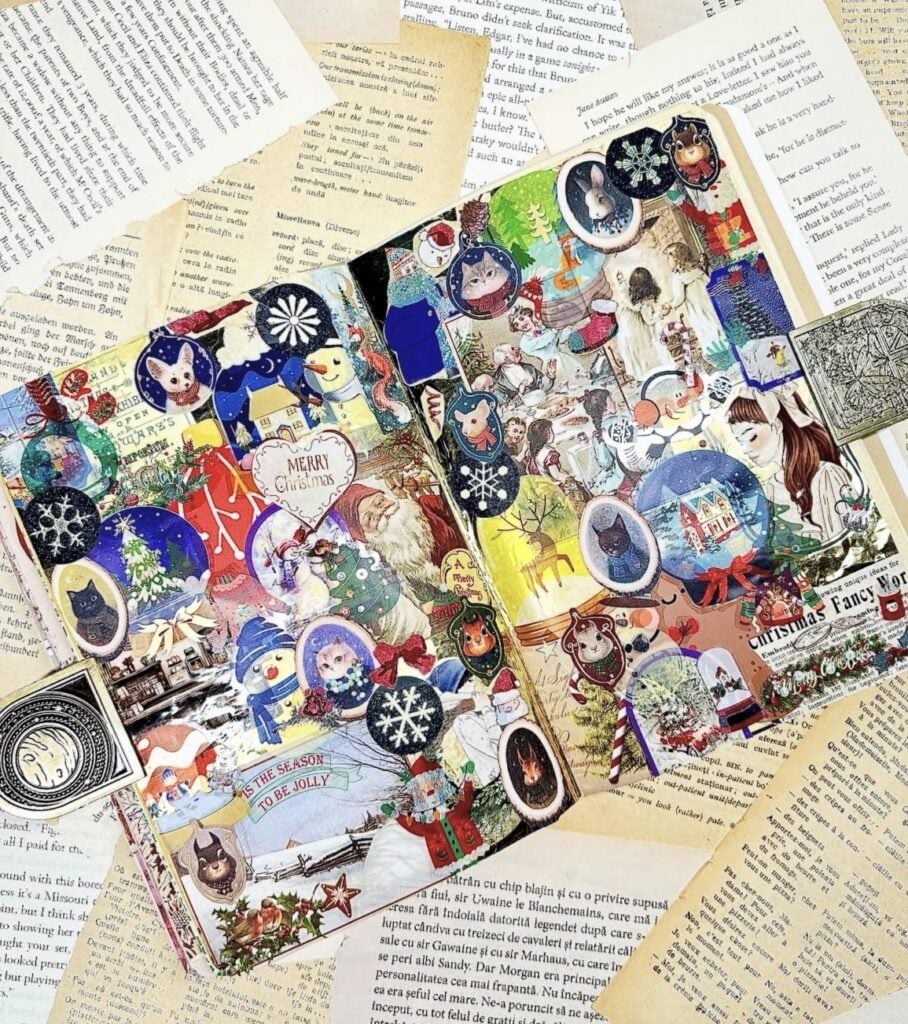 Christmas scrapbook page decorated with holiday stickers, layered paper and ephemera