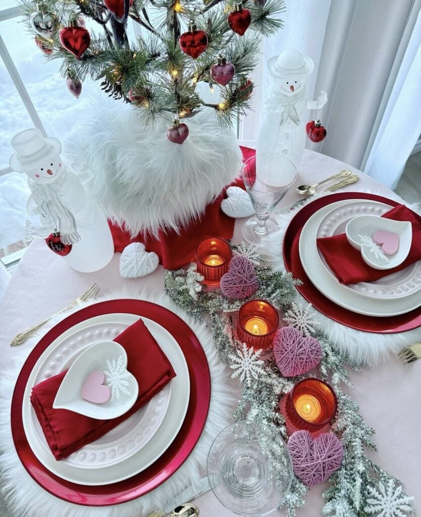 red Valentine’s Day tabletop decor with classic heart details, layered accents, and an elegant clean vibe.