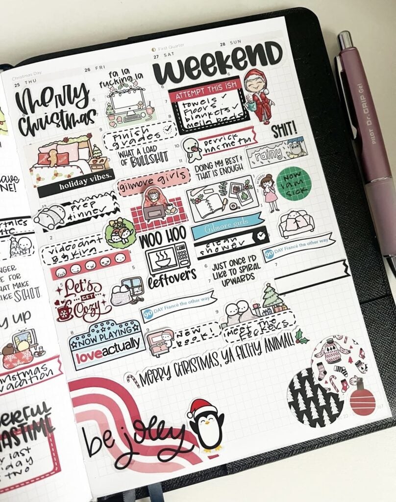 Creative December journal pages with holiday-inspired artwork and planner decorations.