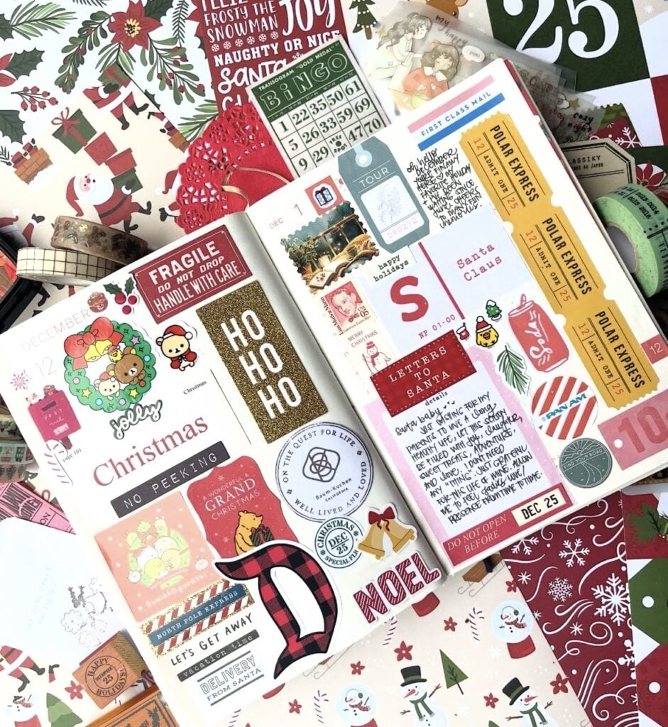 Colorful December planner spread with holiday artwork and seasonal planning ideas.