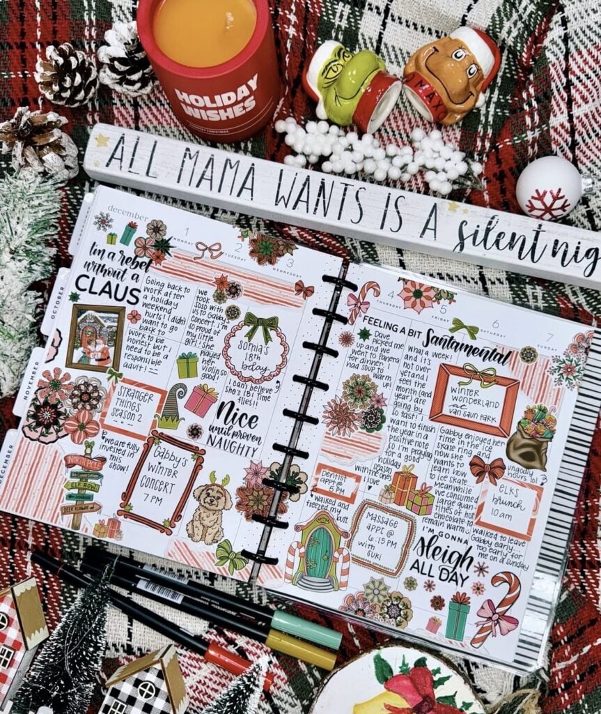 December planning pages with cozy winter colors and creative journal designs.