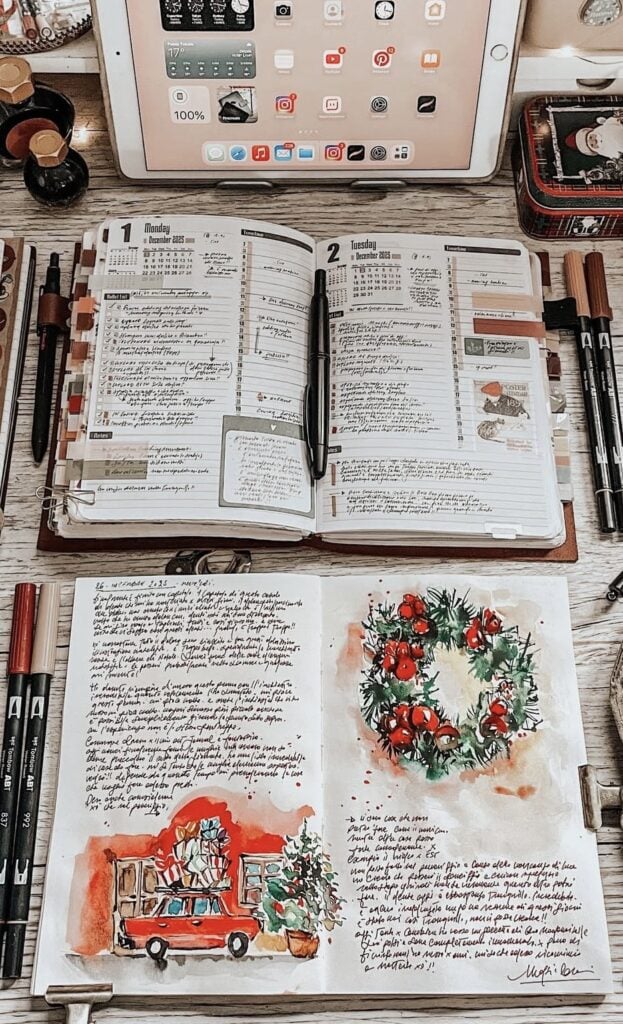 Christmas planner spread featuring festive illustrations and creative journal layouts.