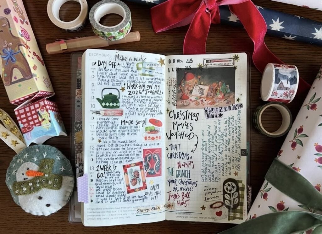 Decorative December planner pages with winter artwork and handwritten planning.