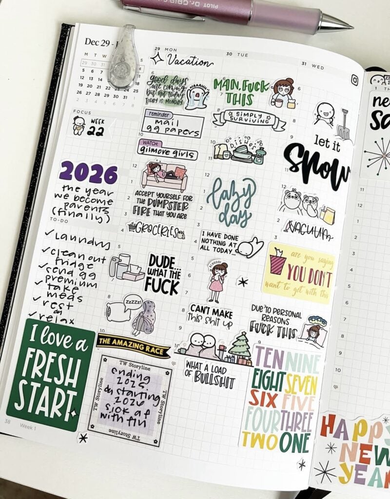 Winter planner layout with decorative weekly pages and holiday planning inspiration.