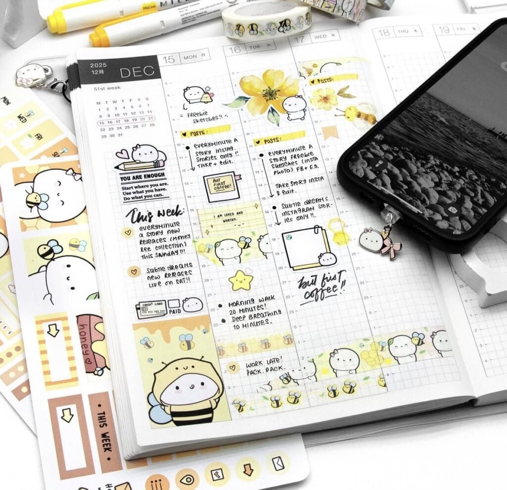 Festive December planner pages showcasing creative layouts and seasonal artwork.