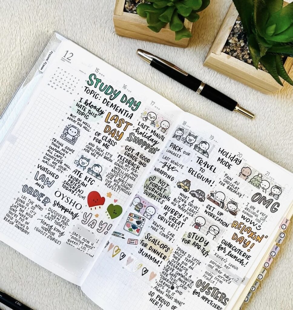 Creative December planner layout with holiday decorations and winter journal pages.