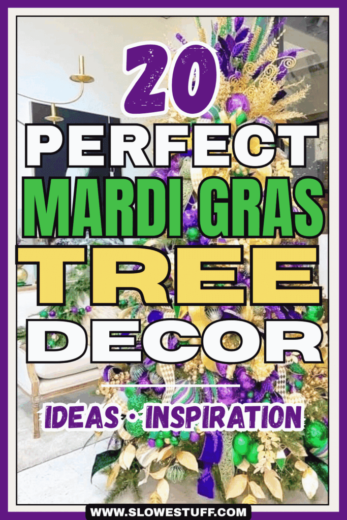 Pinterest pin graphic showing a Mardi Gras tree decorated in purple, green, and gold with the headline text 20 perfect mardi gras tree decor ideas inspiration