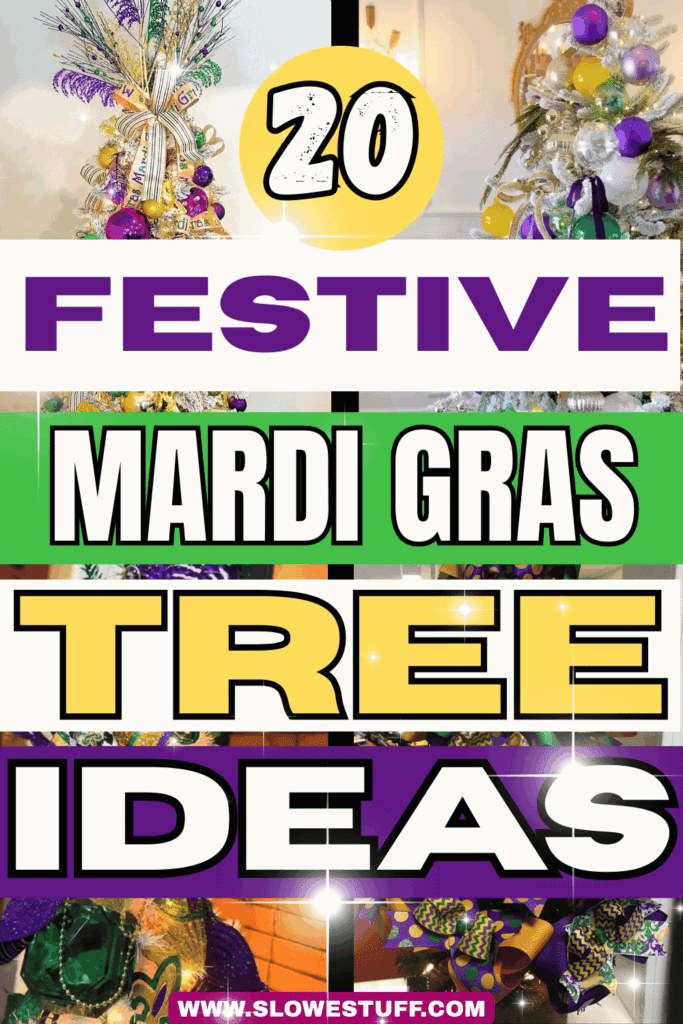Pinterest pin graphic collage of trees decorated with mardi gras decor and heading 20 festive mardi gras tree ideas